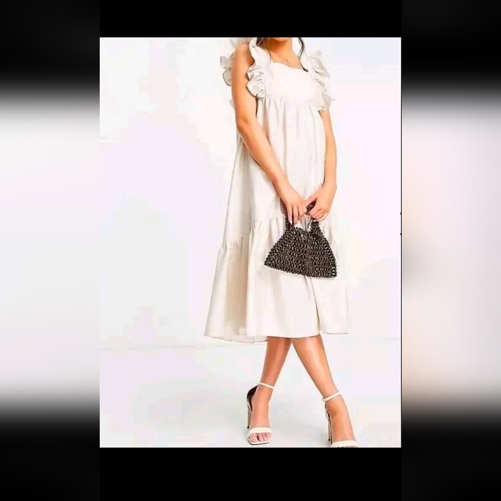 New Look x Asos Sundress Ruffle Sleeve Open Back Natural Beige 8